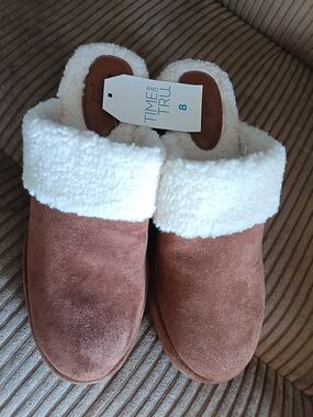 Time and Tru Brown Suede-Look Mule Slippers with White Sherpa Cuff
